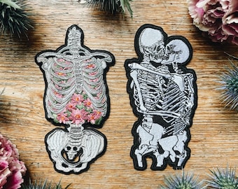 Any 2 of Anatomical Patches: Skeleton Kiss, Blooming Ribs, Flamingo Floral Human Anatomy Love, Embroidery Iron-on Patch Punk