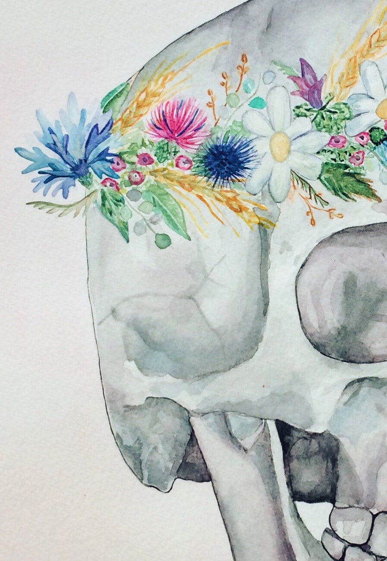 以下が含まれることがあります： 水彩画で描かれた人間の頭蓋骨に花冠が飾られています。花冠は青、白、ピンク、黄色の花と緑の葉、小麦の穂でできています。
