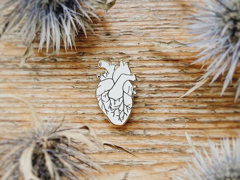 White Human Heart Enamel Pin: Small Anatomical Pin, 1 inch Golden Medical Pin Valentines Day Gift image 1
