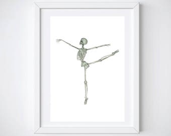 May include: A white framed print of a skeletal figure in a ballet pose. The skeleton is in a light green color and is posed with one leg extended and the other leg bent at the knee.