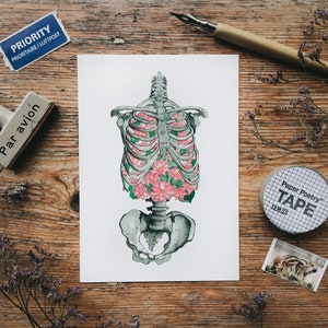 May include: A watercolor illustration of a human ribcage with pink flowers growing inside. The illustration is on a white background and is surrounded by a wooden surface.