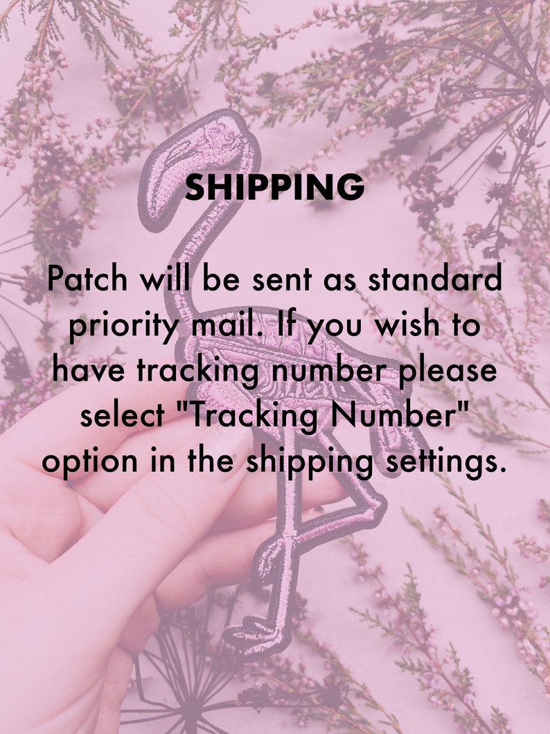K&ouml;nnte beinhalten: Pinkfarbener Flamingo-Skelett-Patch mit dem Text "SHIPPING" und den folgenden Informationen: "Patch will be sent as standard priority mail. If you wish to have tracking number please select "Tracking Number" option in the shipping settings."