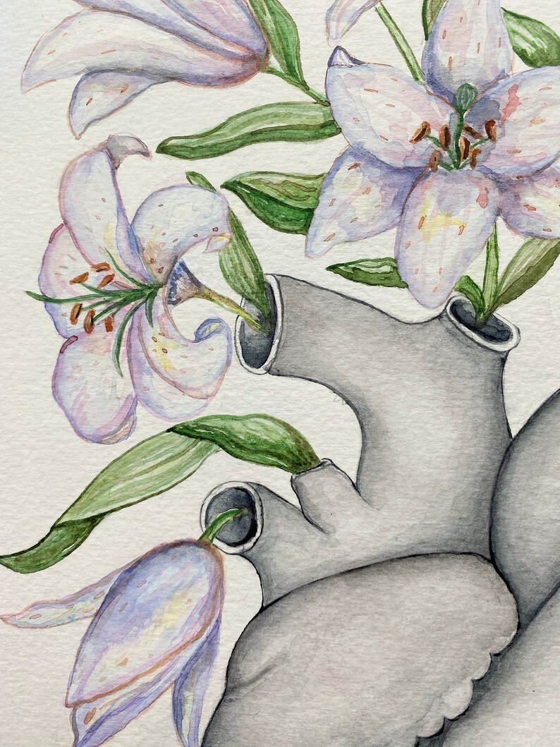 Anatomiskt hjärta med liljor akvarellmålning: Blommig läkarmottagningsdekor bild 7