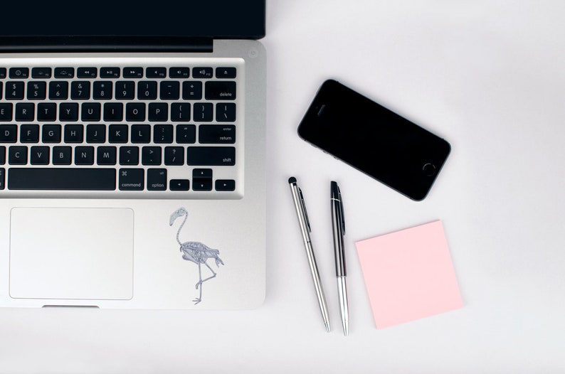 Peut inclure: Un ordinateur portable argent&eacute; avec un clavier noir et un autocollant de squelette de flamant rose sur le pav&eacute; tactile. Un smartphone noir, deux stylos et un bloc-notes rose sur une surface blanche.
