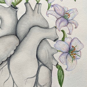 Anatomiskt hjärta med liljor akvarellmålning: Blommig läkarmottagningsdekor bild 6