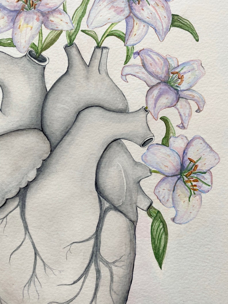 Blooming Heart with Lilies Anatomy Painting: Anatomical Original Artwork, Floral Cardiologist Doctor Office Flower Decor image 6