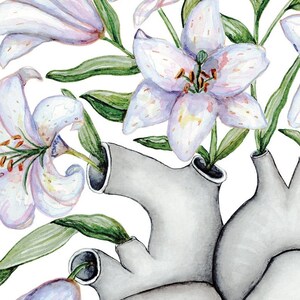 May include: A watercolor painting of a human heart with white lilies growing out of it. The lilies are white with pink and yellow accents. The heart is gray and has a realistic anatomical look.