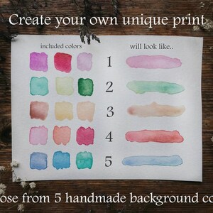 May include: A chart showing five watercolor swatches with numbers 1 through 5. The chart is labeled "included colors" and "will look like..."  Choose from 5 handmade background colors.