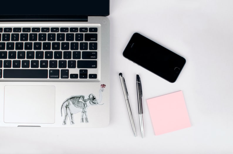 May include: A silver laptop computer with a black keyboard and a skeleton elephant sticker on the lid. There is a black smartphone, a pink sticky note, and two silver pens on a white surface.
