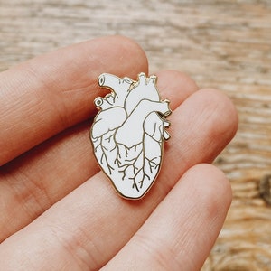 White Human Heart Enamel Pin: Small Anatomical Pin, 1 inch Golden Medical Pin Valentines Day Gift image 3