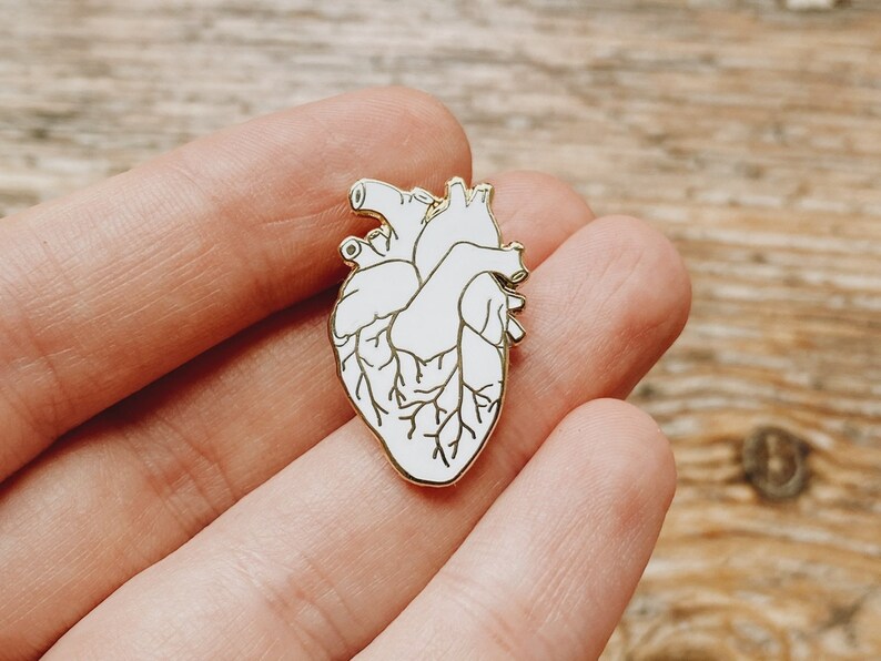 White Human Heart Enamel Pin: Small Anatomical Pin, 1 inch Golden Medical Pin Valentines Day Gift image 3