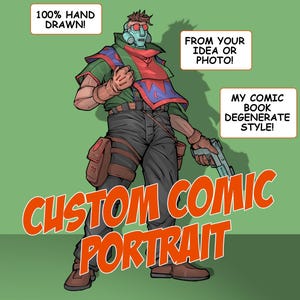 Puede incluir: Ilustración de retrato de cómic personalizado de un personaje futurista con un atuendo verde, rojo y azul, sosteniendo un arma. La imagen incluye el texto "100% HAND DRAWN!", "FROM YOUR IDEA OR PHOTO!", "MY COMIC BOOK DEGENERATE STYLE!" y "CUSTOM COMIC PORTRAIT".