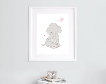 Nursery elephant love baby girl pink hearts art,baby girl love pink hearts elephant, love you elephant art