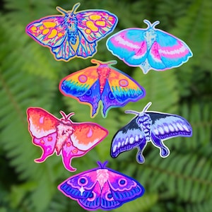 May include: A collection of six die-cut stickers featuring various moth illustrations in vibrant, saturated colors including neon pink, electric blue, bright yellow, and deep purple, each displaying intricate wing patterns and fuzzy bodies.