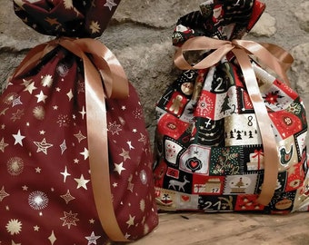 Sac cadeau de Noël,emballage cadeau tissu, pochette cadeau Noël,pochon Noël,sac cadeau en tissu, emballage cadeau zéro déchet, papier cadeau