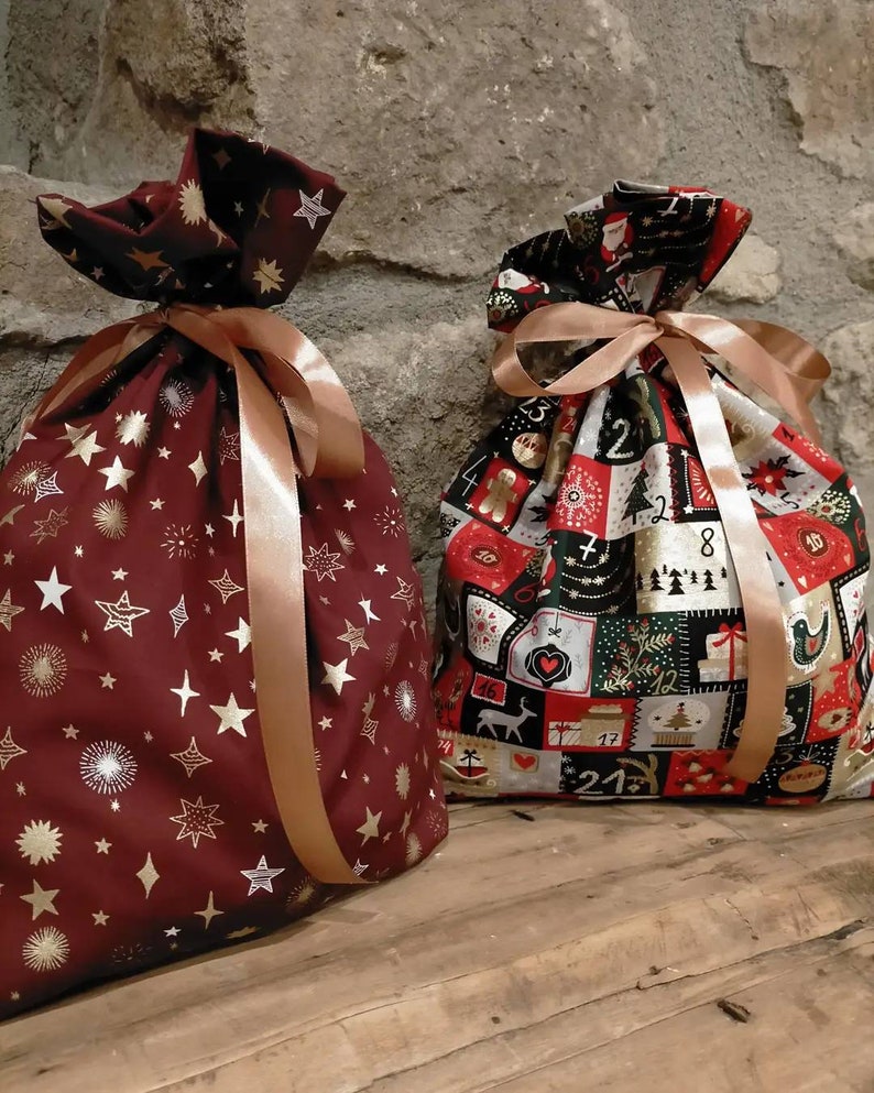 Sac cadeau de Noël,emballage cadeau tissu, pochette cadeau Noël,pochon Noël,sac cadeau en tissu, emballage cadeau zéro déchet, papier cadeau image 1