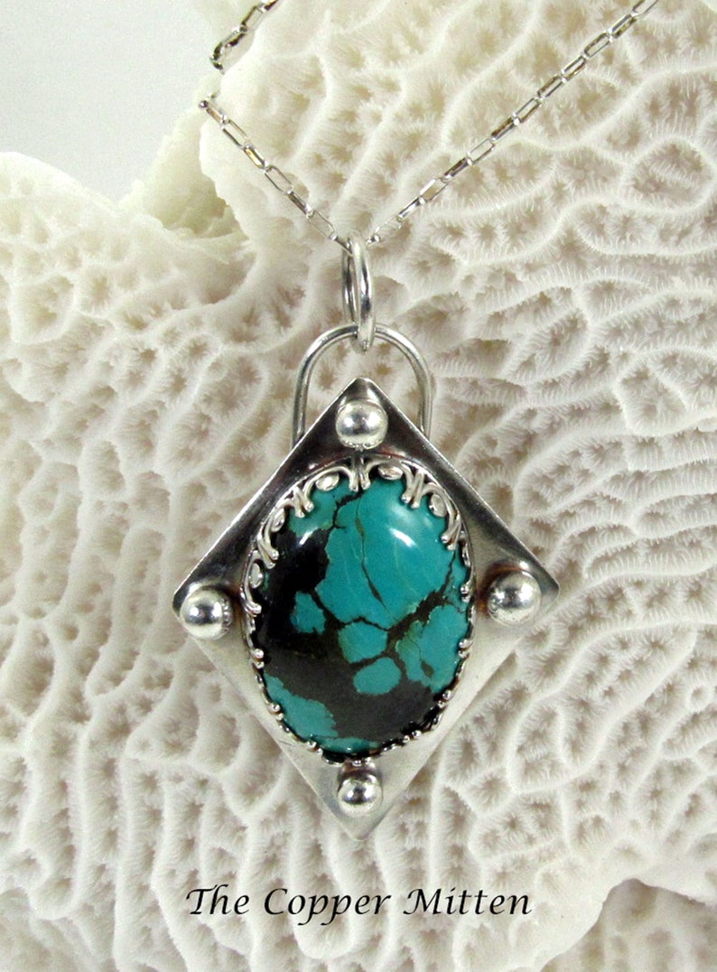 Hubei Turquoise Pendant Sterling Silver Setting Chain Boho Artisan The Copper Mitten Necklace NK 101