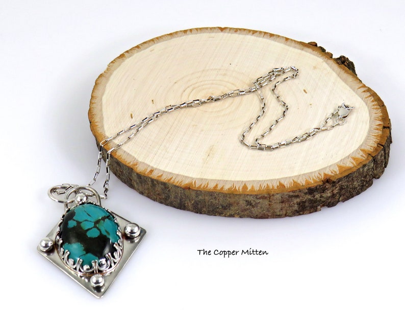 Hubei Turquoise Pendant Sterling Silver Setting Chain Boho Artisan The Copper Mitten Necklace NK 101