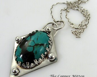 Hubei Turquoise Pendant Sterling Silver Setting Chain Boho Artisan The Copper Mitten Necklace (NK 101)