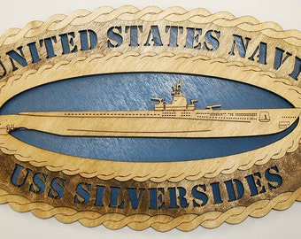 USS Silversides Wood Submarine Wall Plaque - Navy Tribute (15 x 7)