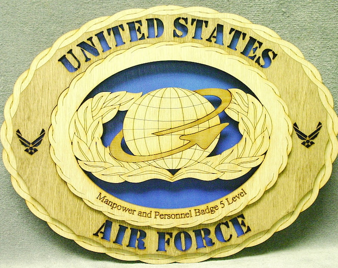 Custom 12" Wood US Air Force Manpower and Personnel Badge Level 5 Wall Tribute Personalized - FREE SHIPPING