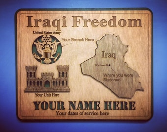 Custom 12x12" Wood Iraqi Freedom Wall Tribute - FREE SHIPPING (Branch, Unit, Name, Dates, City)
