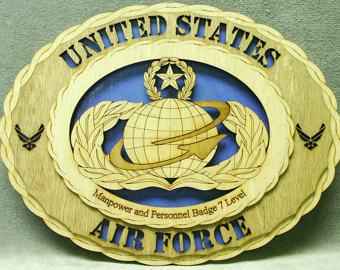 Custom 12" Wood US Air Force Manpower and Personnel Badge Level 7 Wall Tribute Personalized - FREE SHIPPING