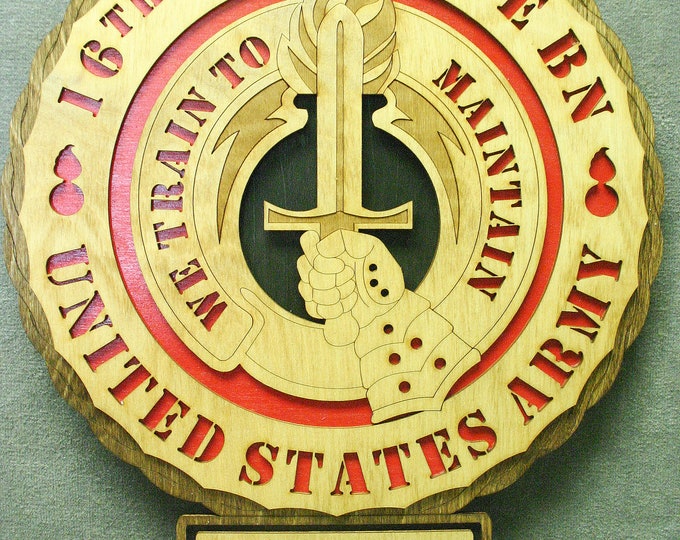 Custom 12" Wood US Army 16th Ordnance BN Wall Tribute with Personalized Plate