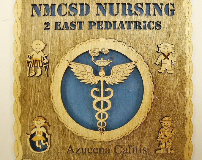 Custom 12" Wood US NMCSD Pediatric Nursing Square Wall Tribute BLUE Back