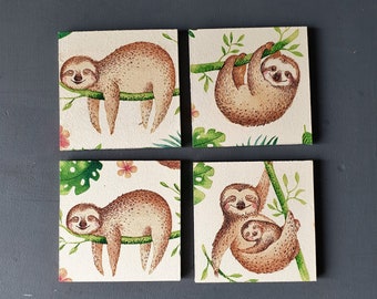 4 Set Cute Sloth Tropical Animal Coasters Kitchen Drinks Coaster Gift #2087 