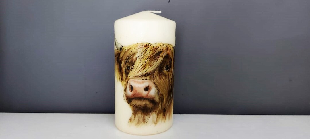 Decorated Highland Cow Candle, Unscented Pillar Candles, Brown Cow