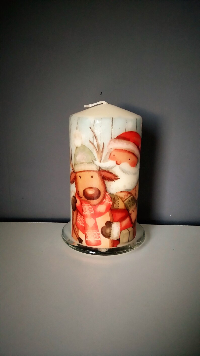 Christmas Decoupage Candle Decorative Santa and Reindeer Etsy