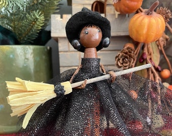 Halloween Clothespin Doll Witch, Glitter Tulle Skirt Figurine