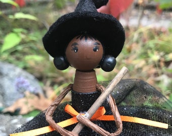 Hand Painted Halloween Witch Clothespin Doll, Sparkly Tulle Skirt, Ornament or Figurine
