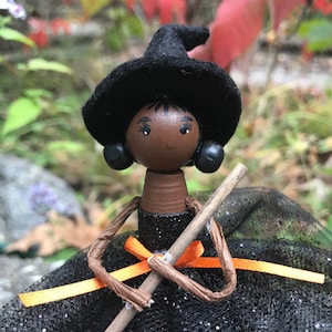 Halloween Clothespin Doll Witch with Dark Blonde Hair and a Sparkly Black Tulle Skirt, Halloween Ornament or Figurine