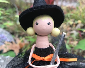 Hand-Painted Clothespin Witch Doll, Blonde Hair, Tulle Skirt, Halloween Figurine