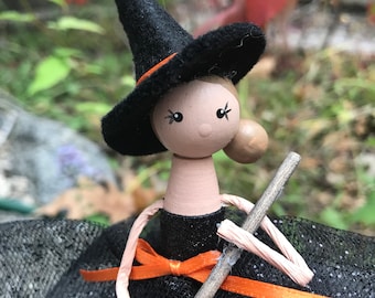 Handmade Halloween Witch Ornament, Sparkly Tulle Skirt, Clothespin Doll