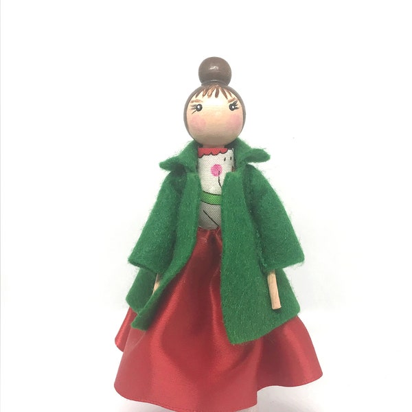 Clothespin Doll Christmas Ornament Figurine in Red Satin Dress & Green Coat, Holiday Pin Doll Figurine, Secret Santa