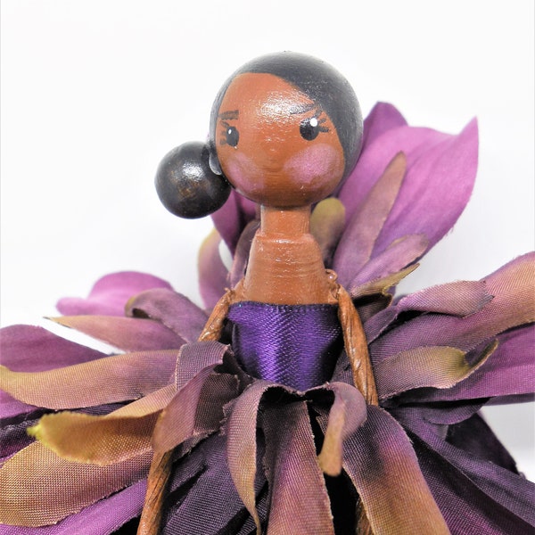 Purple Flower Clothespin Doll Ornament, Flower Figurine, Ornament Exchange Gift