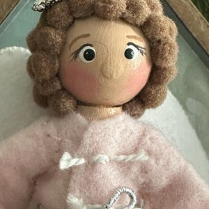 Handmade Wooden Angel Doll Figurine - Pink Lace Angel with Wreath, Ornament or Decoration