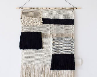 Large woven wall hanging | Woven wall art weaving | Scandinavian style woven wall hanging | Fiber art wall hanging |Black white grey weaving