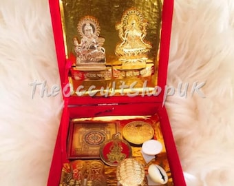 Wealth Attraction Charm Box Complete Set Laxmi Kuber Yantra Pendant Altar Shrine Talisman Mojo