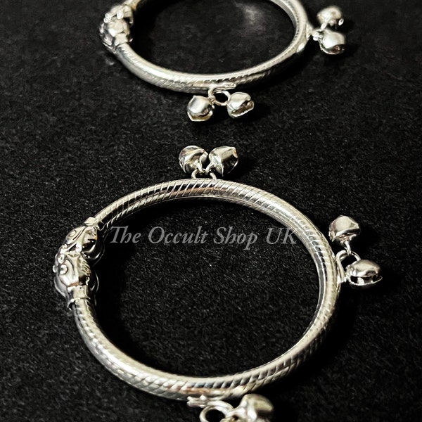 2 x Baby Silver Colour Metal Bangle Karma Bracelet Anklet Bells Pendant Charm Wicca Gothic Charm Fairy Baby Protection