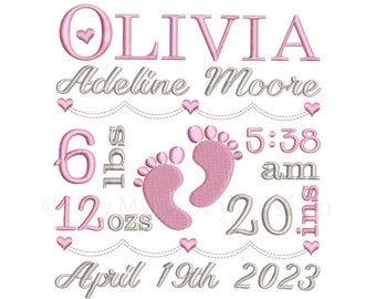 Birth Announcement Embroidery Design, Birth TEMPLATE, Baby girl embroidery, Cute baby feet , Instant download , 3 sizes, AM-PM