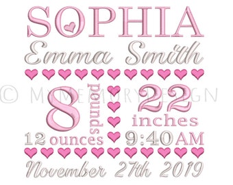 Birth announcement Embroidery Design - Personalized baby gift - Baby embroidery - Birth stats EMAIL DELIVERY 0-48 hour NOT instant download