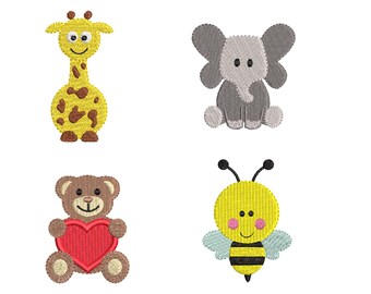Baby Animal Set Embroidery Design - Elephant Bee Giraffe Bear filled stitch embroidery for newborn - Machine embroidery INSTANT DOWNLOAD
