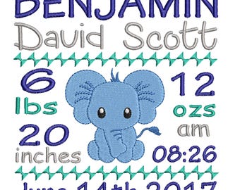 Birth announcement embroidery design - Elephant embroidery design, Baby boy embroidery , 1st birthday embroidery , INSTANT DOWNLOAD, 3 sizes