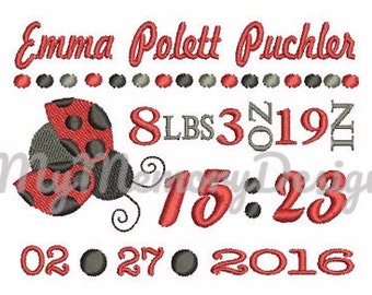 Ladybug New Baby Birth  Announcement TEMPLATE Machine Embroidery Design - Digital file - Instant Download  4x4 5x7 6x10 sizes