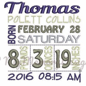 Personalized Digitizing Birth Announcement Subway Art Embroidery Machine Design - EMAIL DELIVERY 0-48 hour - NOT instant download