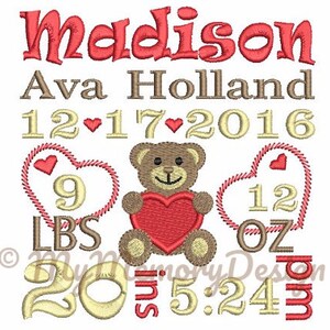 Embroidery Design - Baby Custom Birth Announcement Machine Embroidery Design - Teddy bear embroidery - 4x4 5x7 6x10 size - Personalized made